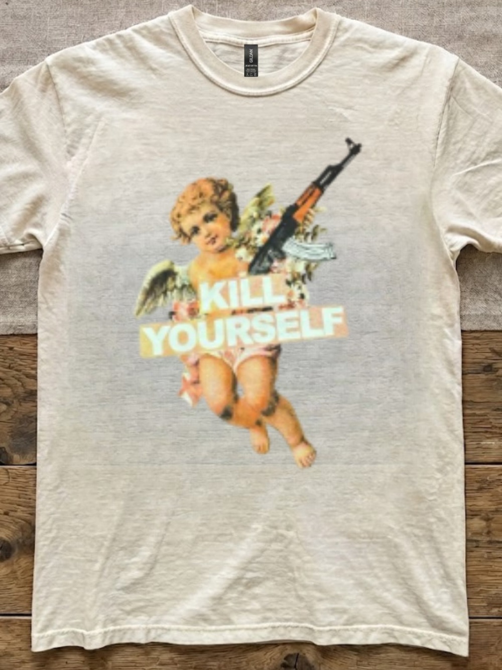 Gildan White Graphic Tee with Cherub and Bold Typography